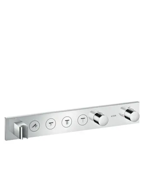 Thermostatmodul mit drei Drehreglern und vier Bedienelementen, präsentiert von AXOR, geeignet für die Installation in Duschsystemen. Oberfläche in glänzendem Chrom.